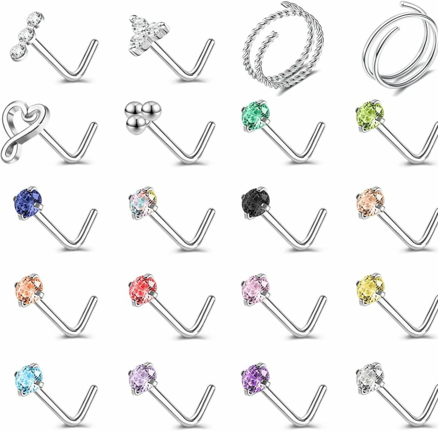 Best ZS Zs 20G Stainless Steel Nose Rings For Women, Cute Heart L Shape Nose Stud Nose Hoops Ring, Cz Moon Flower Nose Piercing Jewelry Nostril Rings Set