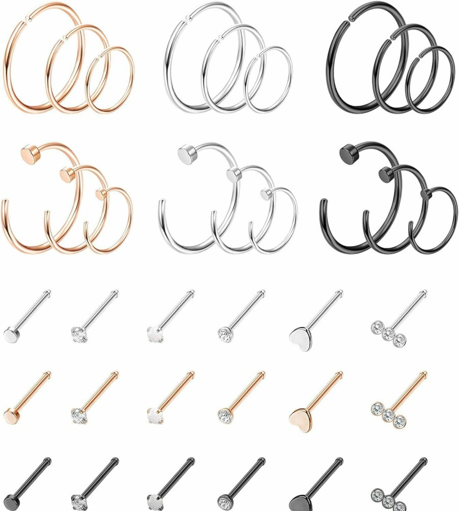 Hot ZZHDCC Zzhdcc 36 Pcs Multi-Style Nose Rings Hoops L Shaped Nose Studs Nostril Piercing Jewelry For Women Men 20 Gauge Black Rose Gold Silver Hoop Nose Ring 316L Surgical Steel Nose Stud