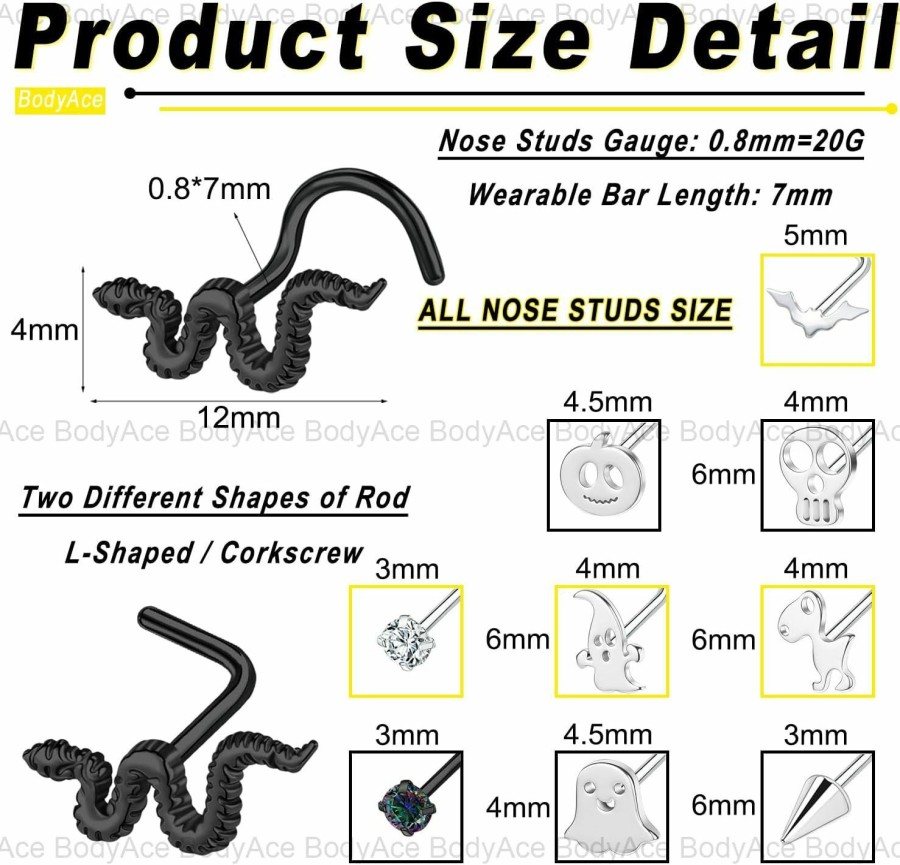 Best BodyAce Bodyace 20G Nostril Studs Black Nose Rings, Stainless Steel Halloween Corkscrew Nose Studs L Shaped, Bats Skull Nose Piercing Jewelry For Women Men