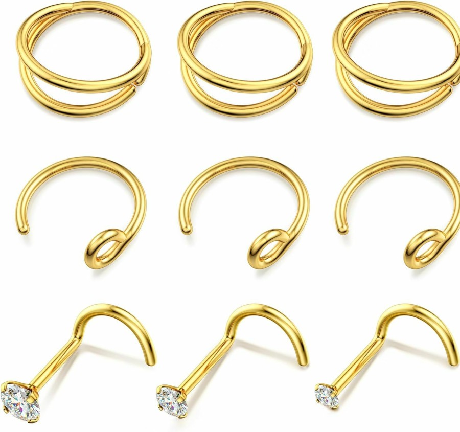 Wholesale BodyBonita Bodybonita 9Pcs 20G 316L Surgical Steel Nose Rings Hoops L Shape Nose Screw Studs 1.5Mm/2Mm /3Mm Clear Cz Simple/Double Hoop Nose Ring Gold/Silver/Rose Gold/Black/Mix Daith 8Mm/10Mm Piercing Jewelry