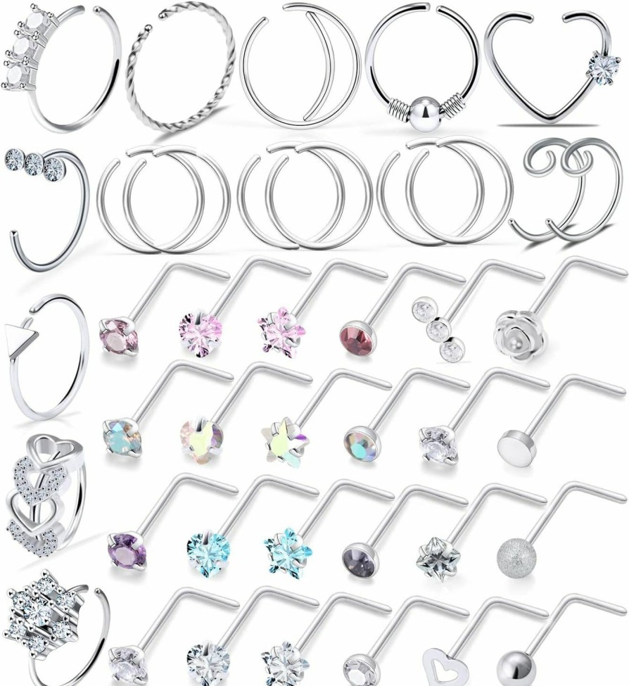 New Kridzisw Kridzisw 18G 20G Heart Star Cz Nose Rings Hoop Stainless Steel L-Shaped Nose Rings Studs Tragus Cartilage Helix Earrings Piercing Hoop 22Pcs-41Pcs