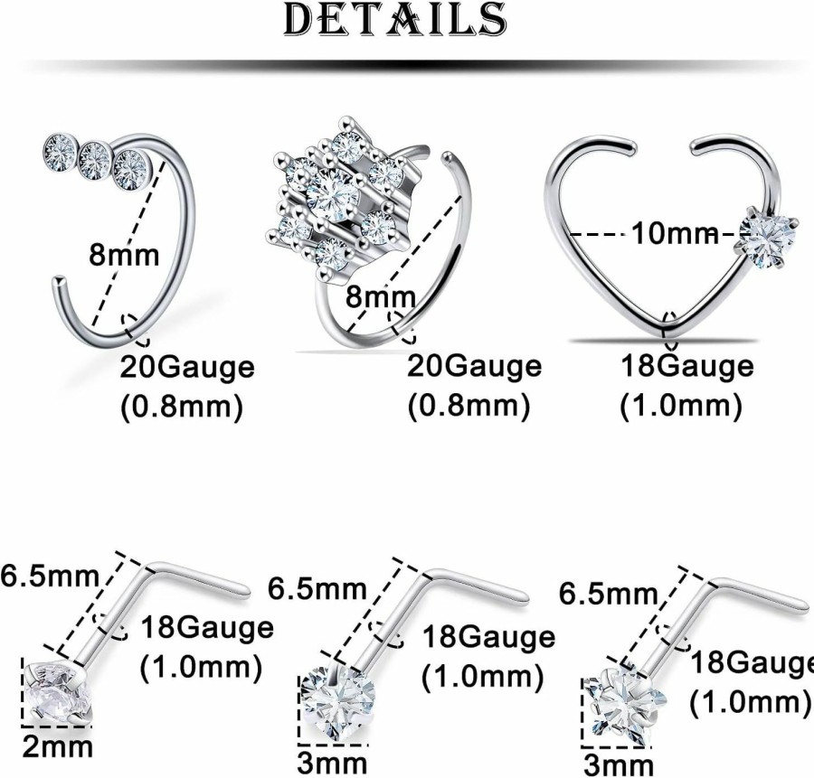 New Kridzisw Kridzisw 18G 20G Heart Star Cz Nose Rings Hoop Stainless Steel L-Shaped Nose Rings Studs Tragus Cartilage Helix Earrings Piercing Hoop 22Pcs-41Pcs