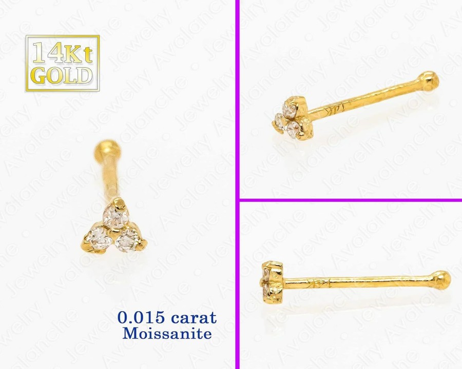 Hot Jewelry Avalanche Jewelry Avalanche 3-Stone 0.015Ctw Moissanite Nose Stud - 22G Solid 14Kt Gold Nose Screw/L-Shape/Nose Bone Stud Nose Ring - April Birthstone Nose Stud