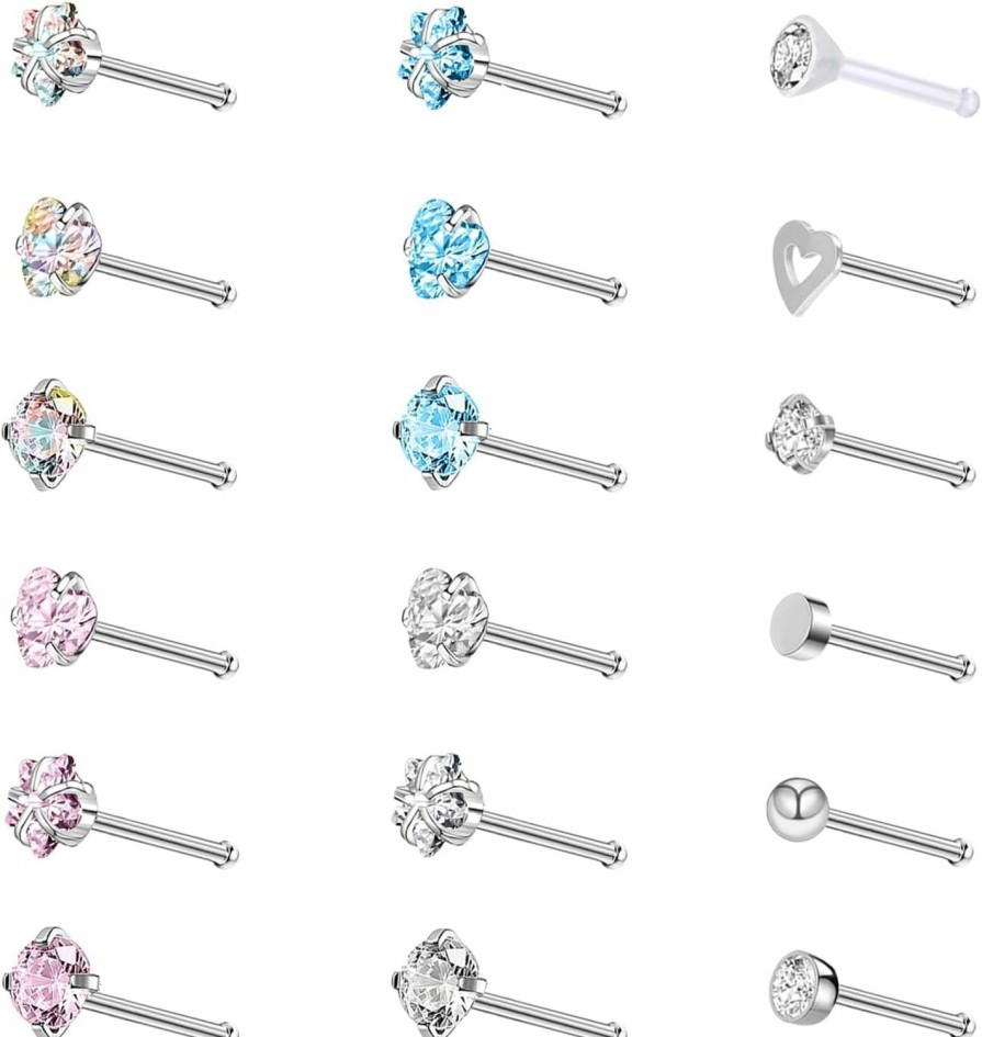 Wholesale ZS Zs 20G Nose Rings Studs, Surgical Steel Corkscrew Nose Ring L Shaped Nose Stud, Cz Heart Cross Nostril Bone Nose Piercing Jewelry For Women Men