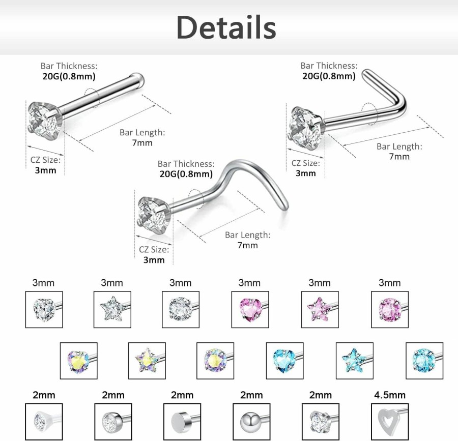 Wholesale ZS Zs 20G Nose Rings Studs, Surgical Steel Corkscrew Nose Ring L Shaped Nose Stud, Cz Heart Cross Nostril Bone Nose Piercing Jewelry For Women Men