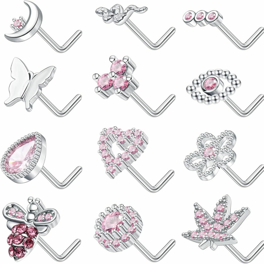 Clearance Staligue Staligue 12Pcs 20G Nose Rings Studs L Shaped Nose Studs Stainless Steel Nose Piercings Flower Heart Snake Butterfly Moon Nose Rings Piercing Jewelry