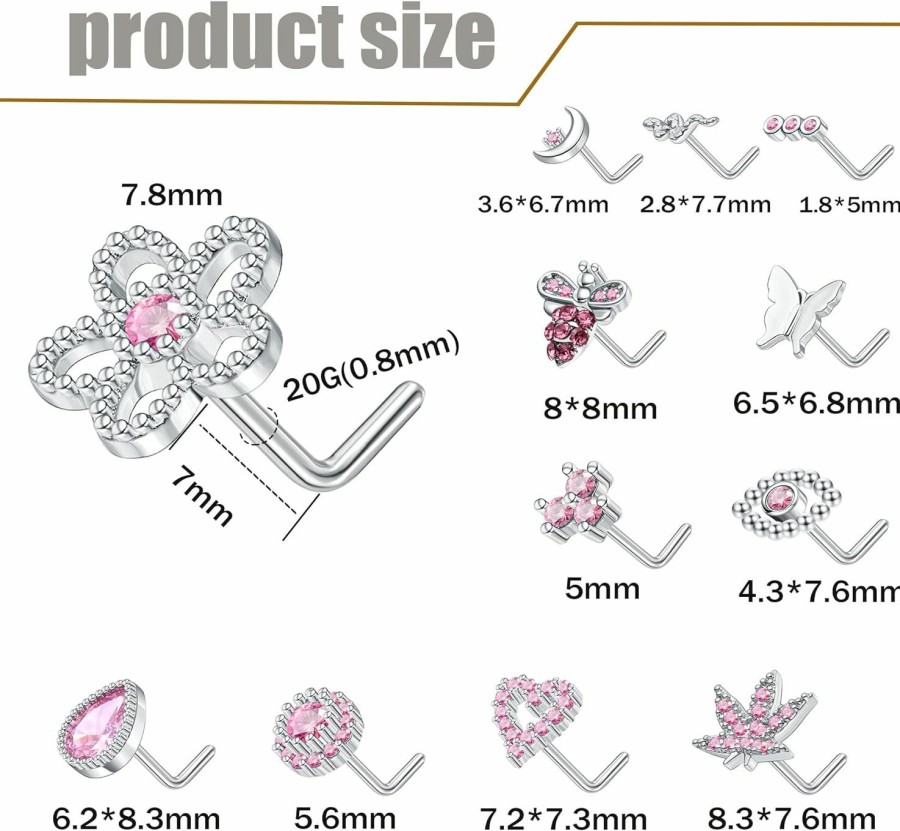 Clearance Staligue Staligue 12Pcs 20G Nose Rings Studs L Shaped Nose Studs Stainless Steel Nose Piercings Flower Heart Snake Butterfly Moon Nose Rings Piercing Jewelry