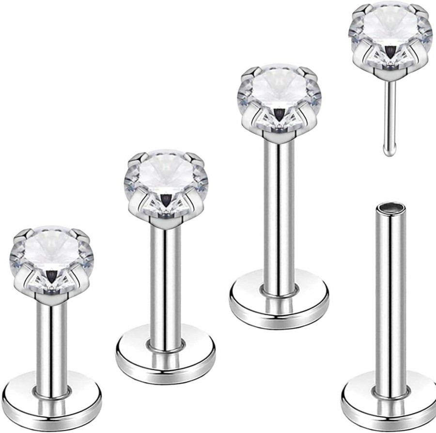 Best SQKXKLCZ 4Pcs G23 Titanium 20G/18G/16G 6Mm 8Mm 10Mm 12Mm Press Fit Threadless Push Pop 2Mm/3Mm/4Mm Prong Cz Top 4Mm Flat Back Piercing Lip Stud Earring Labret Monroe Lip Ring Tragus Cartilage Earring Stud