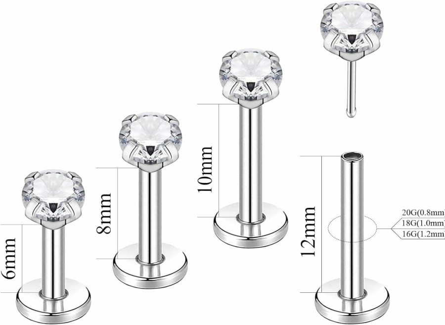 Best SQKXKLCZ 4Pcs G23 Titanium 20G/18G/16G 6Mm 8Mm 10Mm 12Mm Press Fit Threadless Push Pop 2Mm/3Mm/4Mm Prong Cz Top 4Mm Flat Back Piercing Lip Stud Earring Labret Monroe Lip Ring Tragus Cartilage Earring Stud