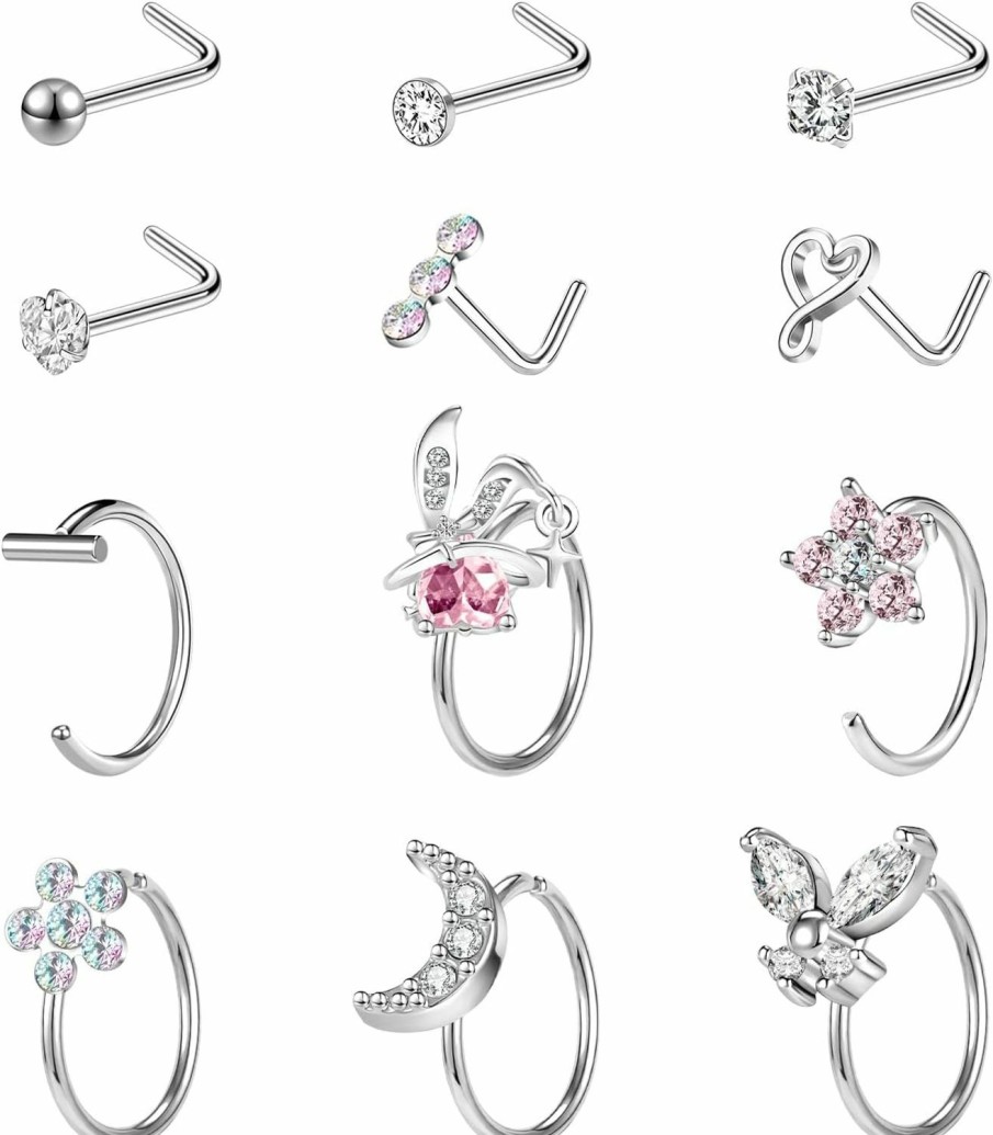 New AccGin Accgin 16Pcs 16G Threadless Push In Nose Stud Rings Nose Studs Nostril Piercing Jewelry Cz Earrings Lip Rings Clear Lip Rings Studs Plastic Cartilage Medusa Piercing Retainer 8Mm For Women Men