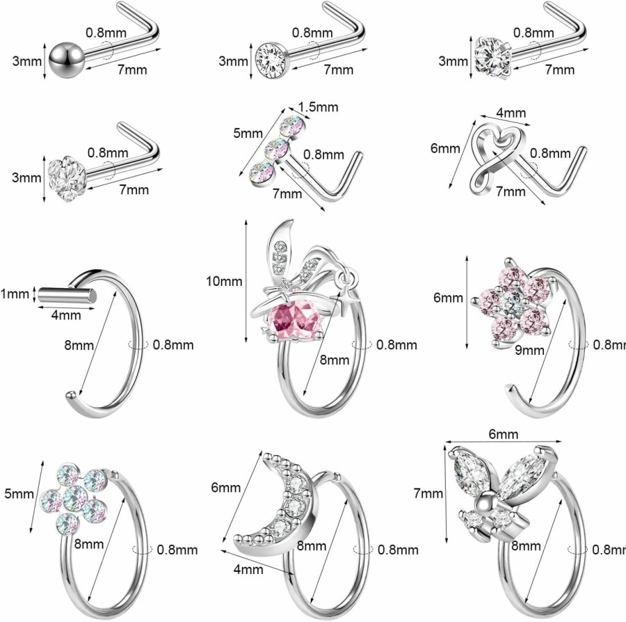 New AccGin Accgin 16Pcs 16G Threadless Push In Nose Stud Rings Nose Studs Nostril Piercing Jewelry Cz Earrings Lip Rings Clear Lip Rings Studs Plastic Cartilage Medusa Piercing Retainer 8Mm For Women Men