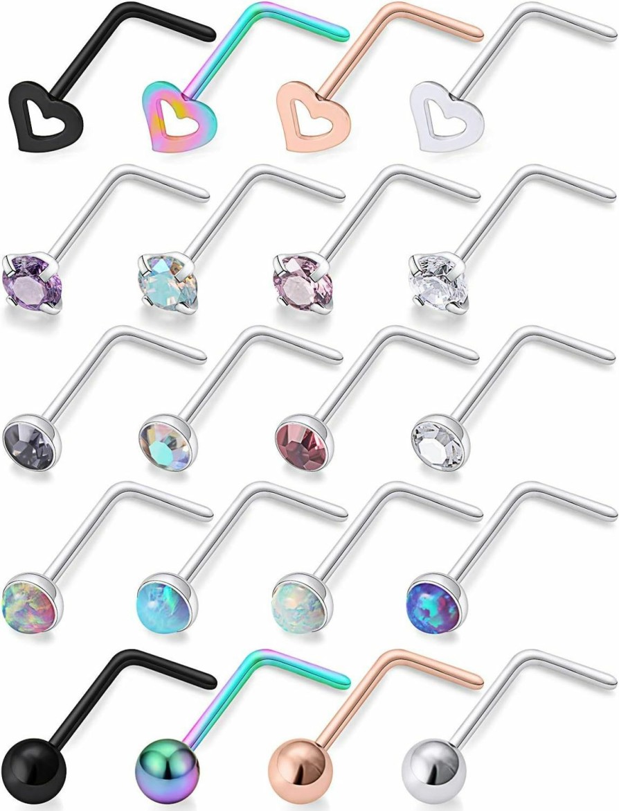 Online Hoeudjo Hoeudjo 18G Opal Nose Rings Surgical Steel Nose Ring Studs Heart Cz Inlaid Piercing Jewelry For Women Men Girls 16-20 Pieces