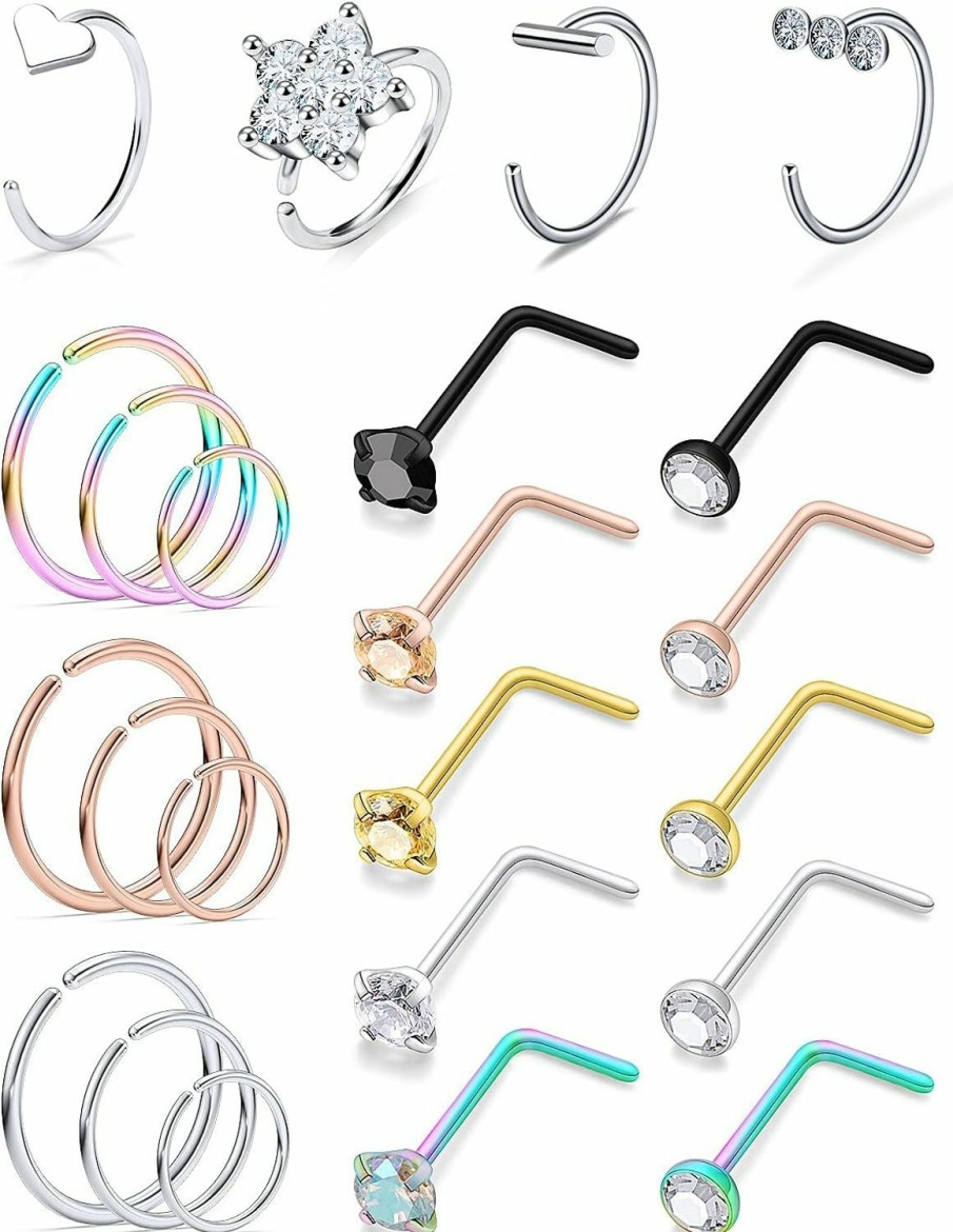 New Uzgtvy Uzgtvy 18G 20G Nose Rings Hoop And Nose Cuff 316L Stainless Steel Nose Ring Hoop Piercing Jewelry For Women Men 2Mm 23Pcs