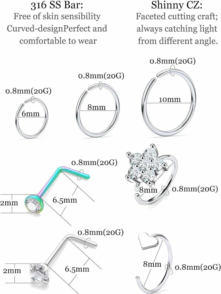 New Uzgtvy Uzgtvy 18G 20G Nose Rings Hoop And Nose Cuff 316L Stainless Steel Nose Ring Hoop Piercing Jewelry For Women Men 2Mm 23Pcs