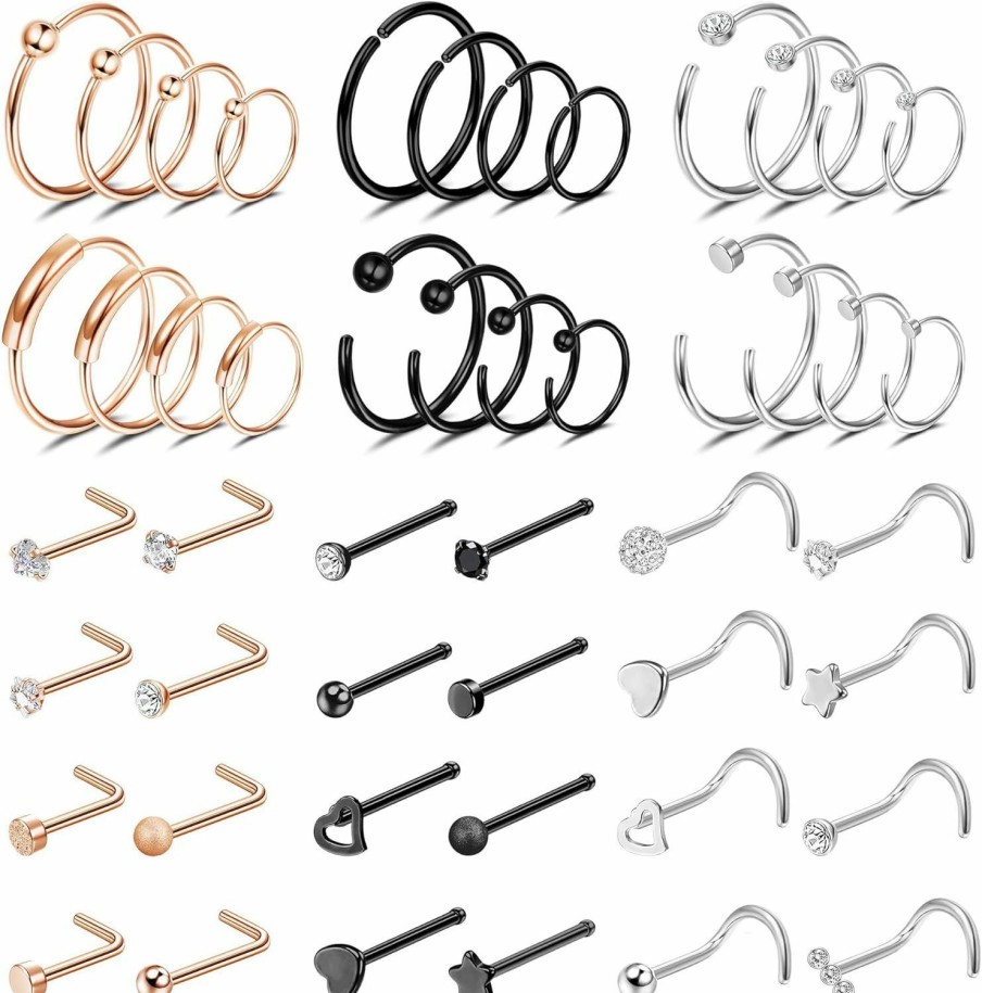 Online ZELORES Zelores 38-48Pcs 20G Nose Rings Stainless Steel Nose Rings Hoop Small Nose Piercing Jewelry L Shaped Corkscrew Nose Stud For Women Men Silver Rose Gold Black 6Mm 8Mm 10Mm 12Mm