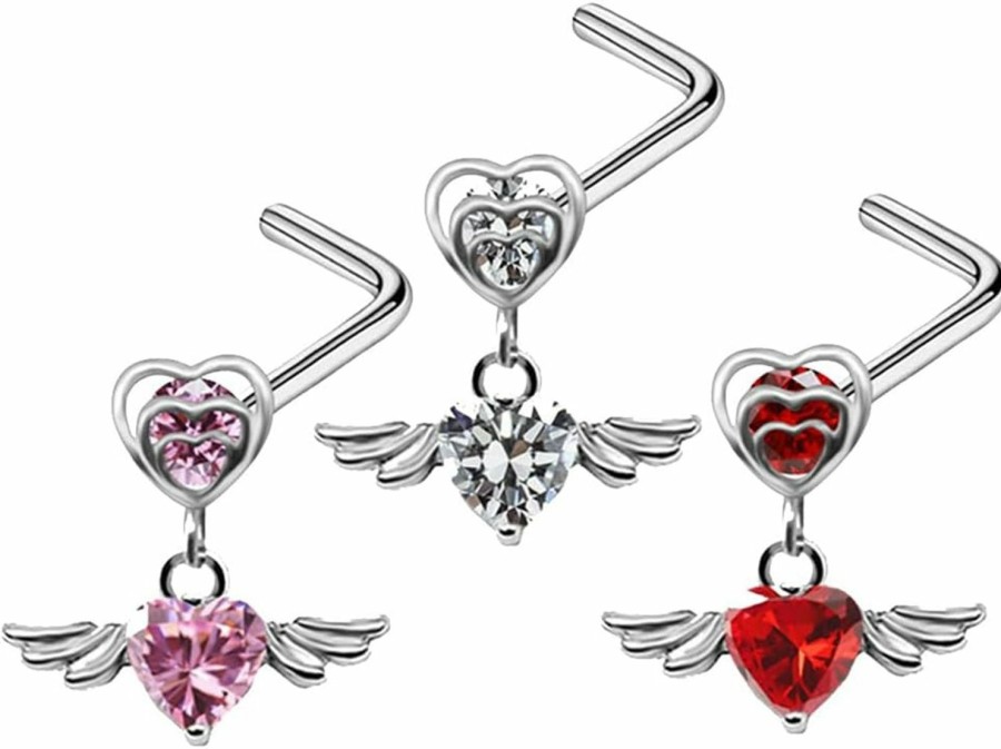 Wholesale Niaspi Niaspi 3 Pcs 20G L-Shaped Heart Dangle Nose Rings Stud For Women Girls Stainless Steel Cz L Bone Screw Shape Nostril Nose Studs Wings Heart Nose Piercing Jewelry