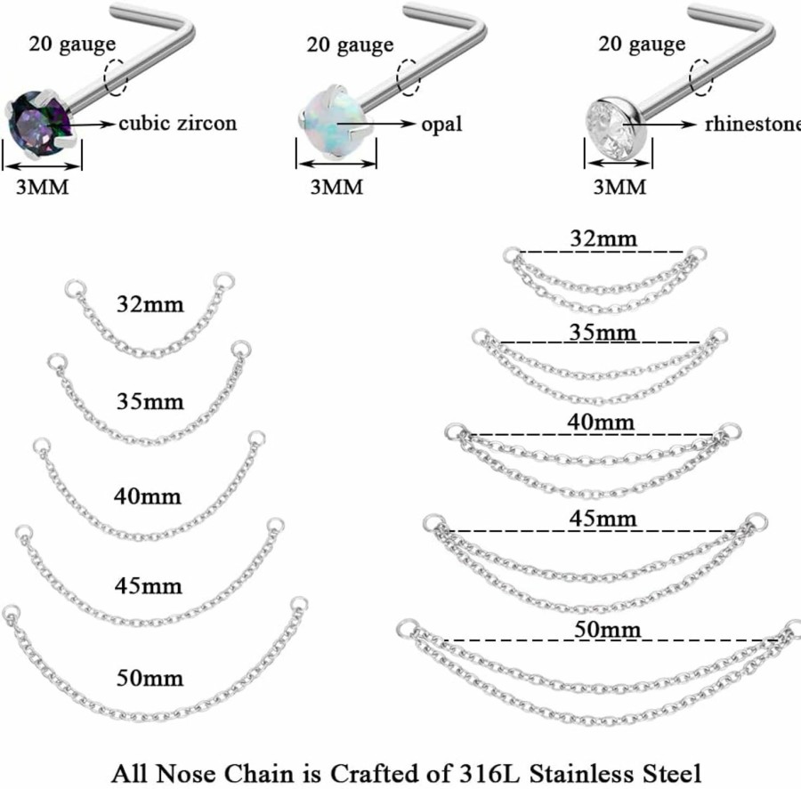 New Pierstyles Pierstyles Nose Ring Chain Stainless Steel Nose Chain Across Nose Silver Nose Piercing Chain With 3Mm Cz Nose Screw Bone L-Shaped Ring For Women Men Nose Nostril Piercing Jewelry