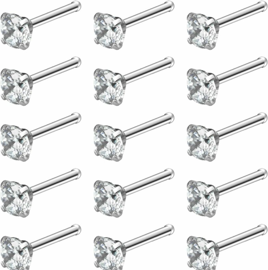 Wholesale Cisyozi Cisyozi 20G 18G Nose Rings Studs Hypoallergenic Nose Piercings 316L Surgical Steel Silver Nose Rings Set Straight Screw L Shaped Nose Nostril Piercing Jewelry For Women Men 2Mm Diamond Cz