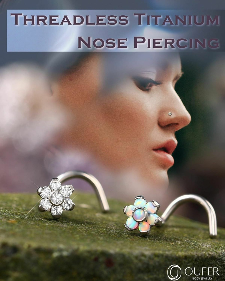 Best OUFER Oufer 20G Nose Screw Studs, Flower Designed Clear Cz Paved Push-In Nose Rings, G23 Solid Titanium Nose Studs, Nostril Piercing Jewelry For Women And Men