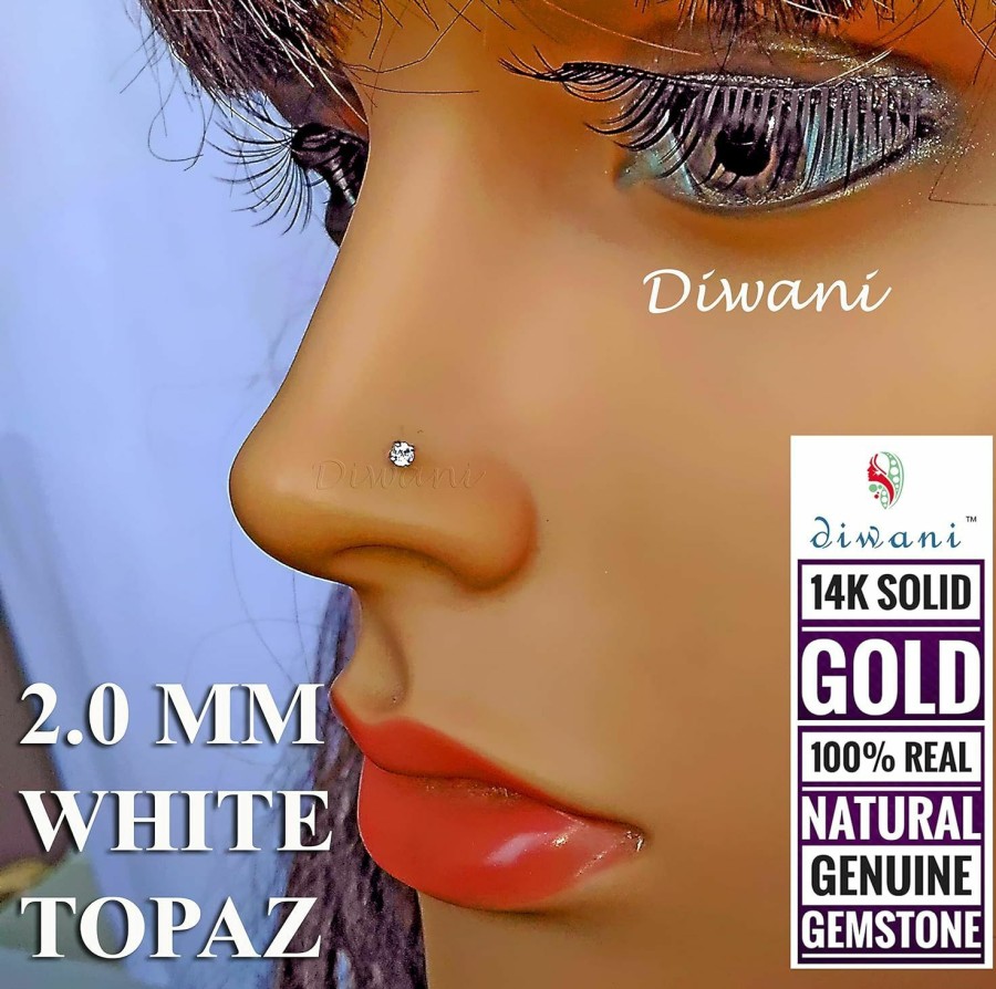 Clearance DIWANI Diwani 14K Gold 2.0Mm Natural White Topaz Gemstone Engagement Wedding Nose Lip Labret Monroe Body Piercing Ring Stud Pin Screw (0.030 Cents, Color- White) 18 Gauge Thick 8.0Mm Length Screw Back Post