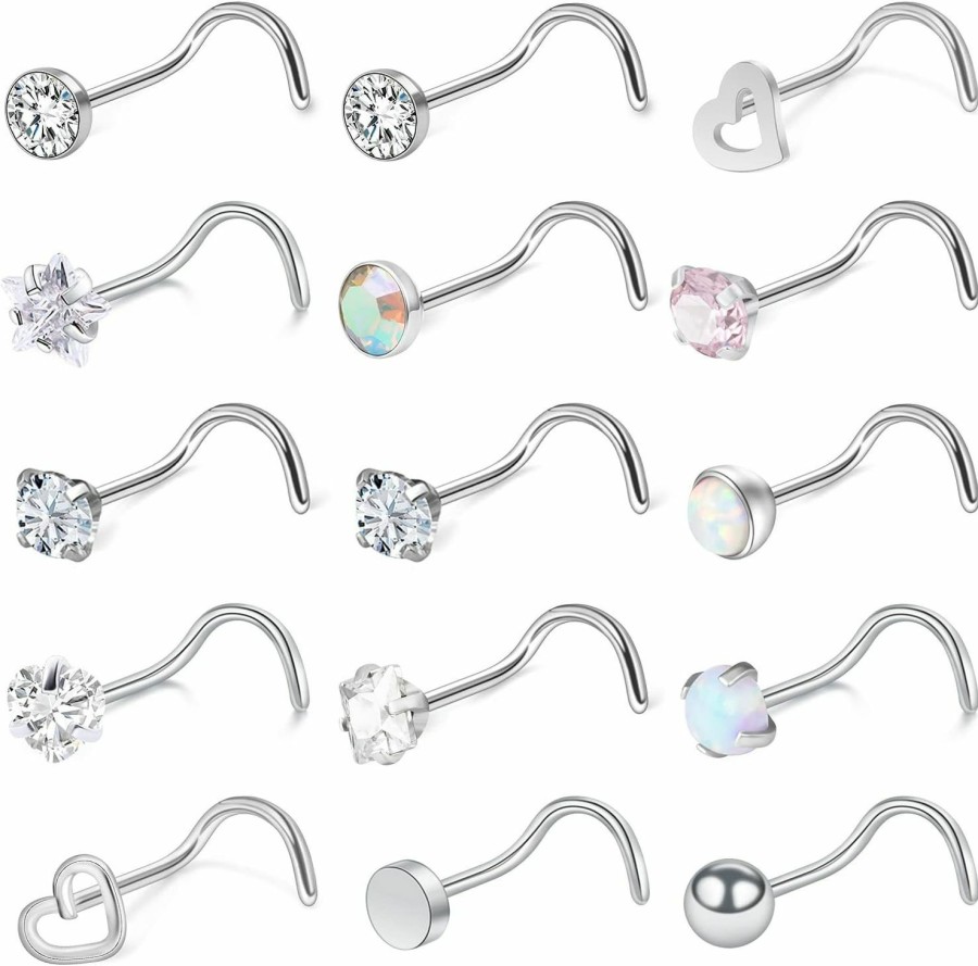 Hot Yaalozei Yaalozei 18G 20G Corkscrew Nose Rings Stud Hyopallergenic Nose Piercings 316L Surgical Steel Heart Star Cz Stud Nose Ring Opal Diamond Nose Rings Body Piercing Jewelry For Women Men