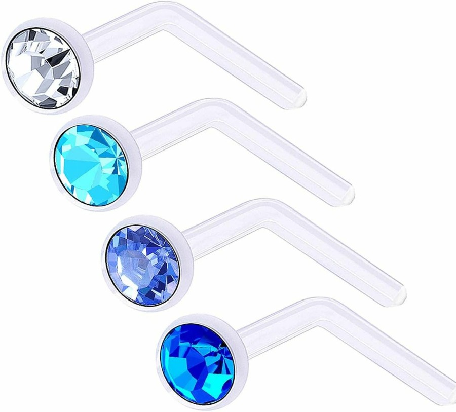 Clearance bodyjewellery Bodyjewellery 4Pcs 20G 0.8Mm L Nose Studs Flexible Acrylic Nostril Screw Rings Piercing 2.5Mm Crystal Boam Pick Color