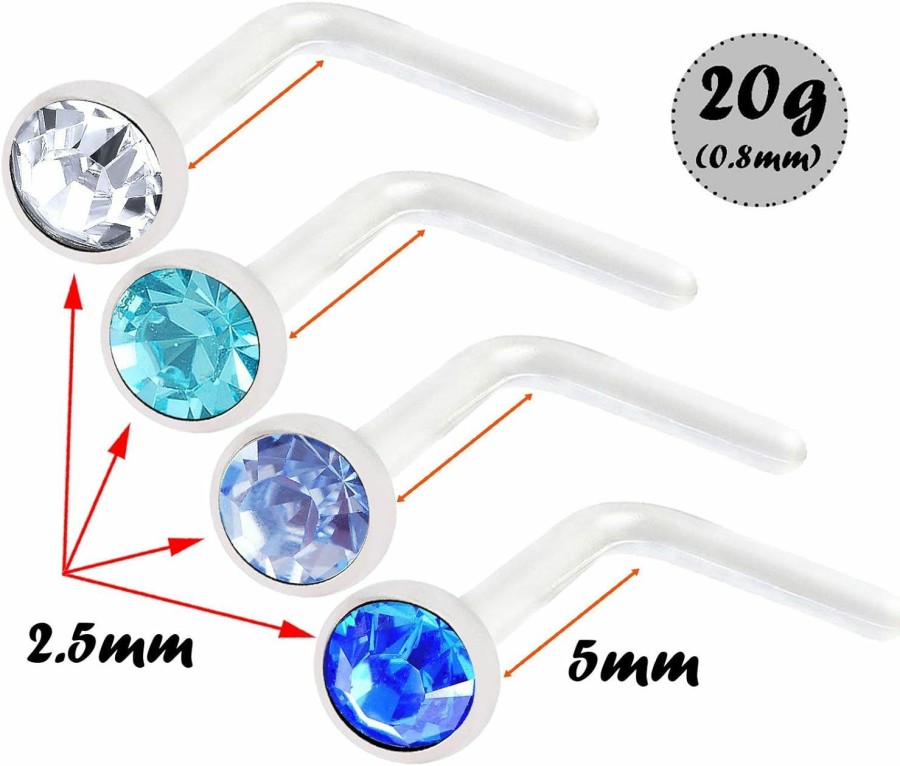 Clearance bodyjewellery Bodyjewellery 4Pcs 20G 0.8Mm L Nose Studs Flexible Acrylic Nostril Screw Rings Piercing 2.5Mm Crystal Boam Pick Color