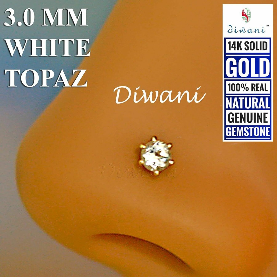 Online DIWANI Diwani 14K Gold 3.0Mm Natural White Topaz Gemstone Engagement Wedding Nose Lip Labret Monroe Body Piercing Ring Stud Pin Screw (0.120 Cents, Color- White) 18 Gauge Thick 8.0Mm Length Screw Back Post