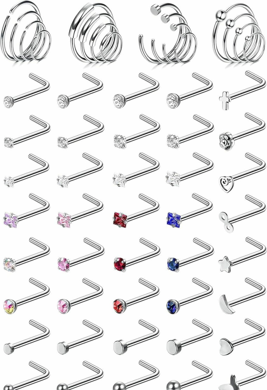 Wholesale ZZHDCC Zzhdcc 56Pcs Surgical Steel Nose Rings For Women Men Cz Ball Dot Cross Heart Butterfly Nose Piercing Jewelry L Shaped Nose Ring Stud Set 20G Nose Rings Hoops Nostril Lip Piercing Body Jewelry