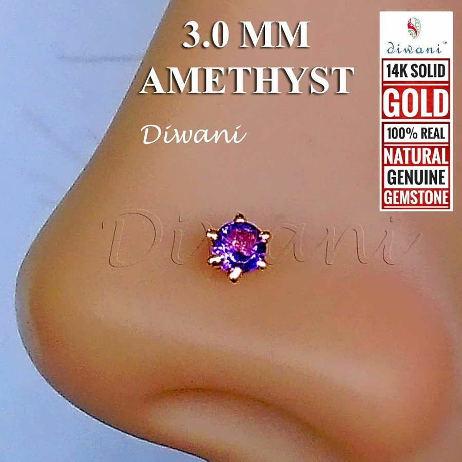 Online DIWANI Diwani 14K Gold 3.0Mm Natural Amethyst Gemstone Engagement Wedding Nose Lip Labret Monroe Body Piercing Ring Stud Pin Screw (0.120 Cents, Color- Purple) 18 Gauge Thick 8.0Mm Length Screw Back Post