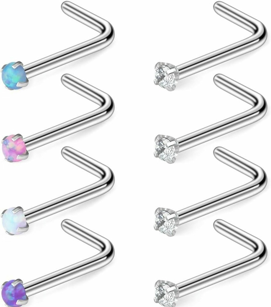 Best Ruifan Ruifan 22G 316L Surgical Steel 1.5Mm 2Mm 2.5Mm 3Mm Opal & Clear Cz Nose L-Shaped Rings Studs Ring Body Piercing Jewelry 8Pcs