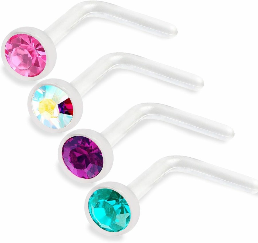 Clearance bodyjewellery Bodyjewellery 4Pcs 20G 0.8Mm Nose Screw Rings L Shaped Bioflex Flexible Nostril Piercing Jewelry 2.5Mm Crystal Pick Color