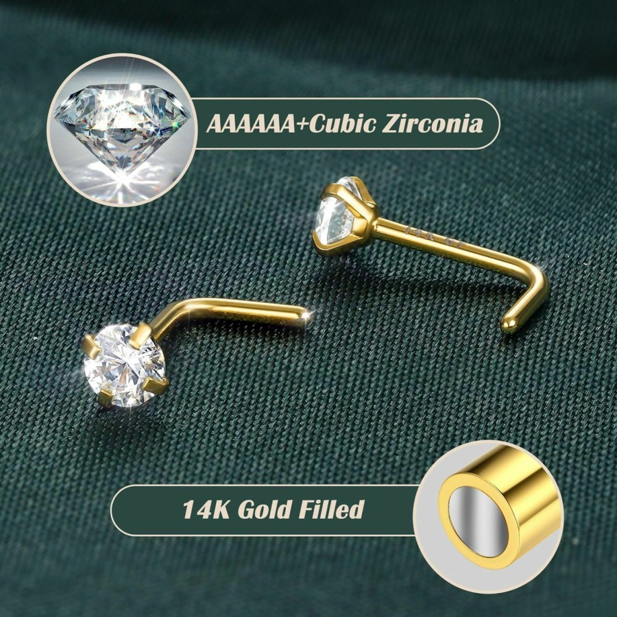 Hot LOLIAS Lolias 14K Gold Filled Nose Studs 316L Surgical Steel Gold Nose Rings Studs 6A Cz Simulated Diamond Corkscrew L Shaped Nose Piercing Hypoallergenic Nose Rings For Women Men 20G