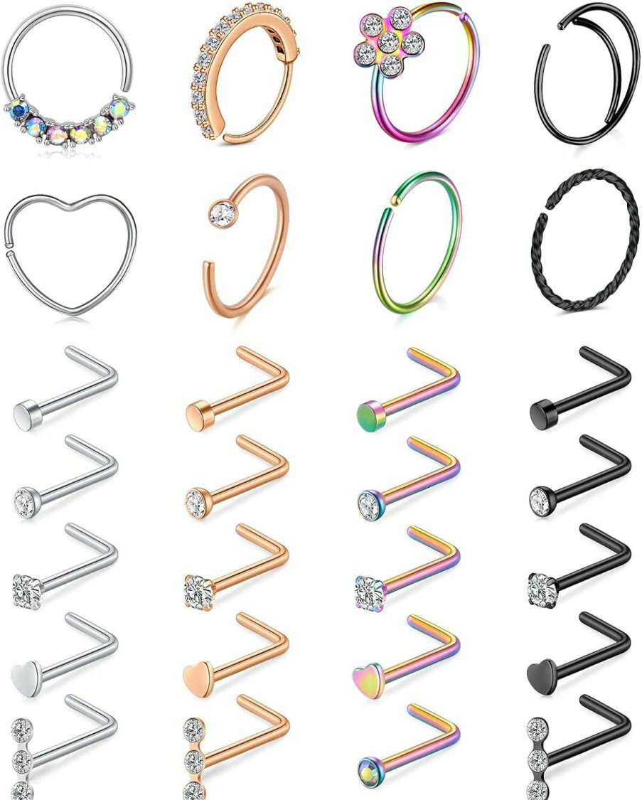 Wholesale Mayhoop Mayhoop 20G Stainless Steel Nose Rings Hoop L Shape Nose Studs Nose Screw Bone Silver Rose Gold Black Rainbow Pack For Women Men 28Pcs