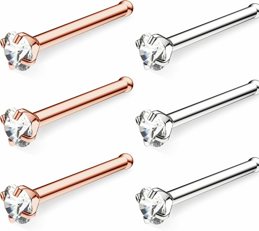 New Belatti Belatti 6Pcs Surgical Steel Nose Ring For Women & Men - 2Mm Cz Cubic Zirconia Set - Hypoallergenic Pushin Bar Nose Ring Straight Post - Bone Pin Stud Nose Piercing Jewelry (Choose Gauge - Color - Gem)