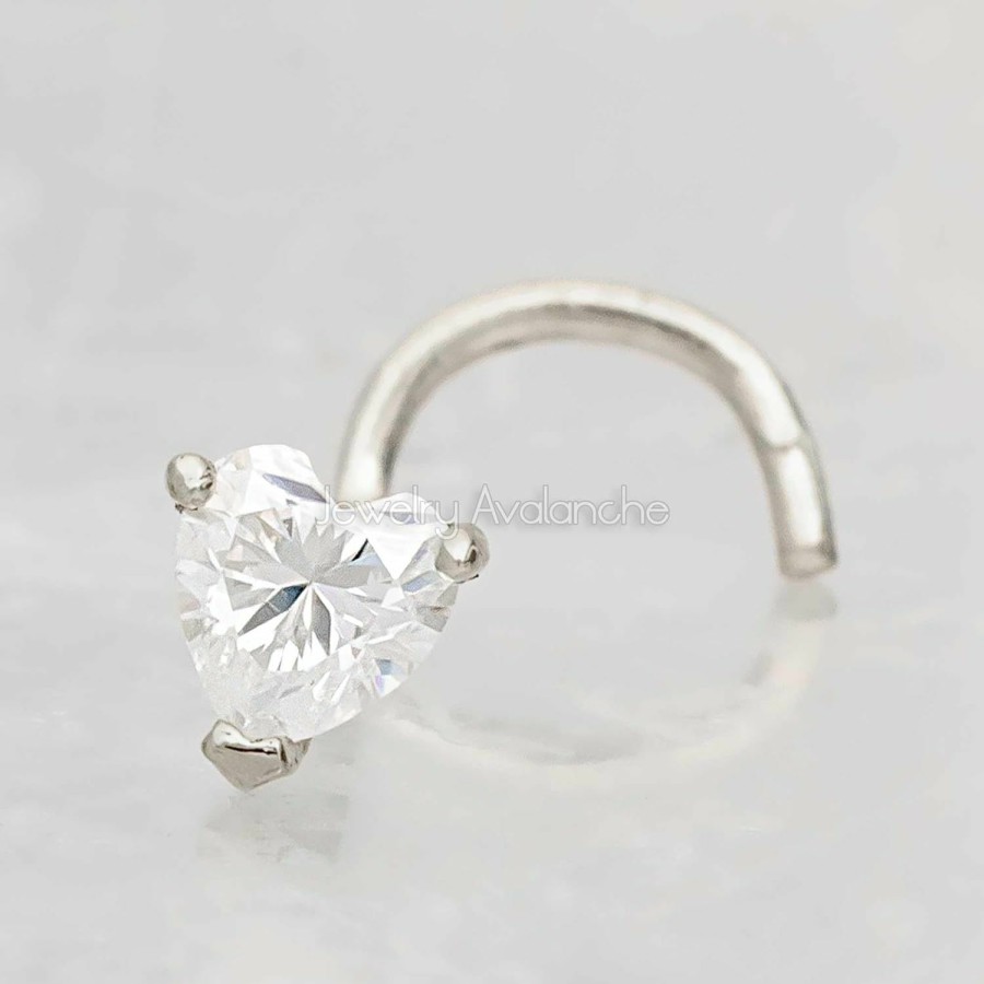 Online Jewelry Avalanche Jewelry Avalanche 22G Solid 14K Gold 0.10 Ctw Moissanite Heart Nose Screw Nose Stud - Cork Screw Nose Ring Stud - April Birthstone Nose Stud