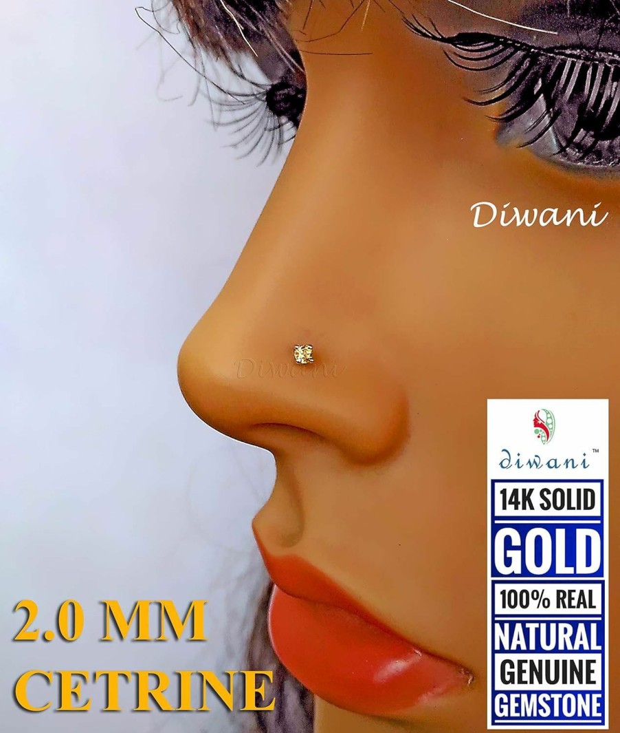 Wholesale DIWANI Diwani 14K Gold 2.0Mm Natural Citrine Gemstone Engagement Wedding Nose Lip Labret Monroe Body Piercing Ring Stud Pin Screw (0.030 Cents, Color- Yellow) 18 Gauge Thick 8.0Mm Length Screw Back Post