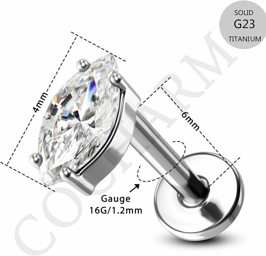 Online COCHARM Cocharm G23 Titanium 16G Flat Back Helix Earring Stud Marquise Cz Flat Cartilage Earrings For Women 16 Gauge Forward Helix Piercing Internally Threaded Tragus Piercing Jewelry