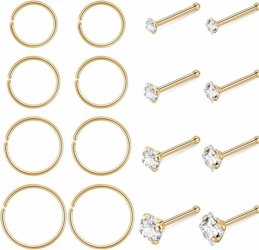 New Vegolita 16Pcs 20G 22G 316L Stainless Steel Nose Rings For Women Men L Screw Bone Shaped Cz Nose Studs Nose Rings Hoops Nose Piercing Jewelry