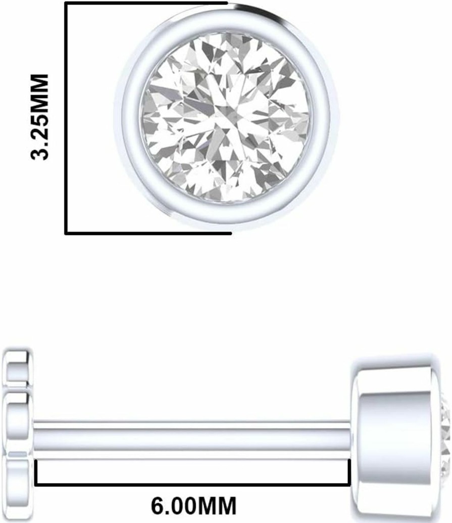 New Demira Natural Diamond Single Stone Nose Pin In 14K White Gold, Bezel Set 6Mm Screw Post