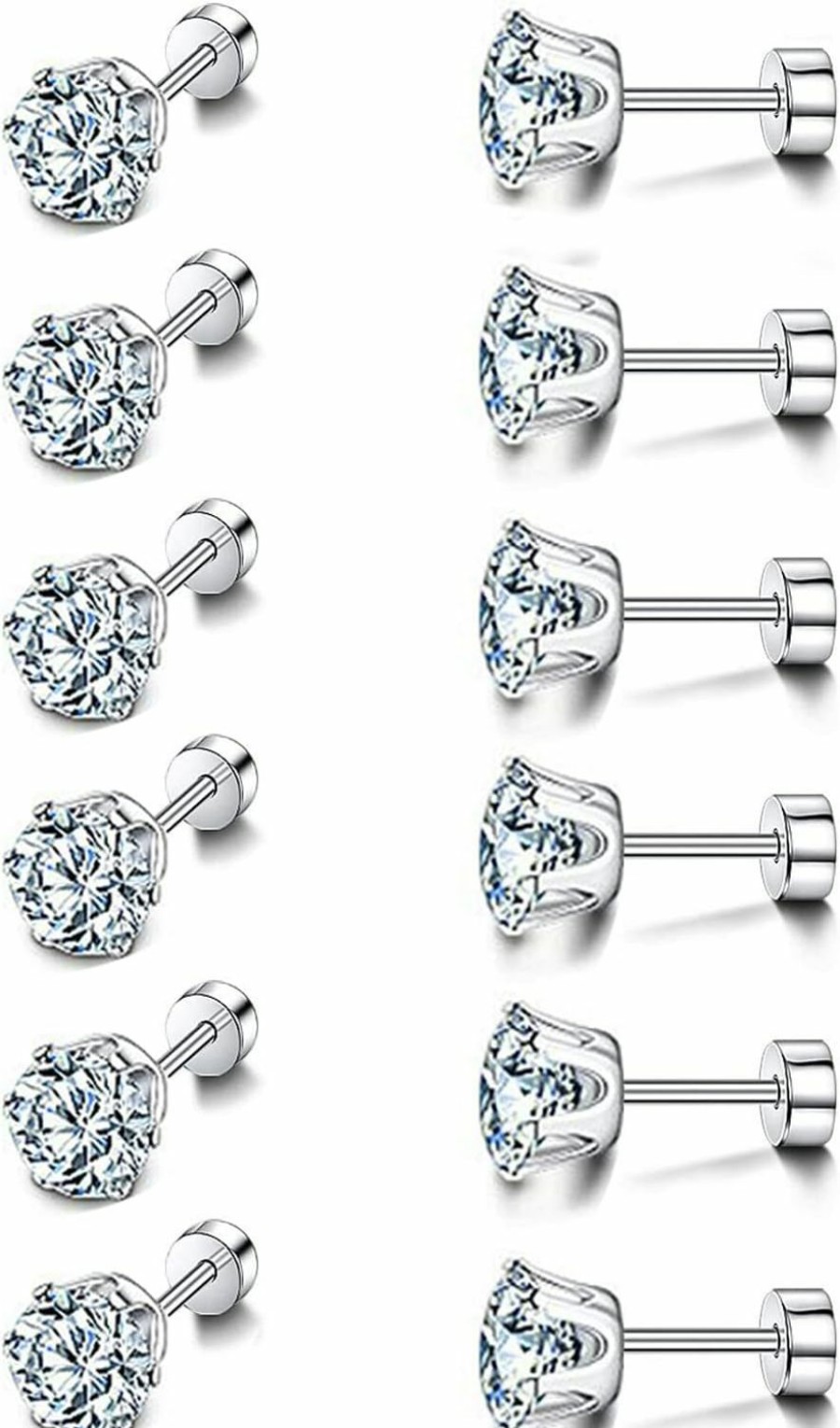 New APMMAT Pack Of Titanium Screw Flat Back Cubic Zirconia Stud Earrings 3Mm,4Mm,5Mm