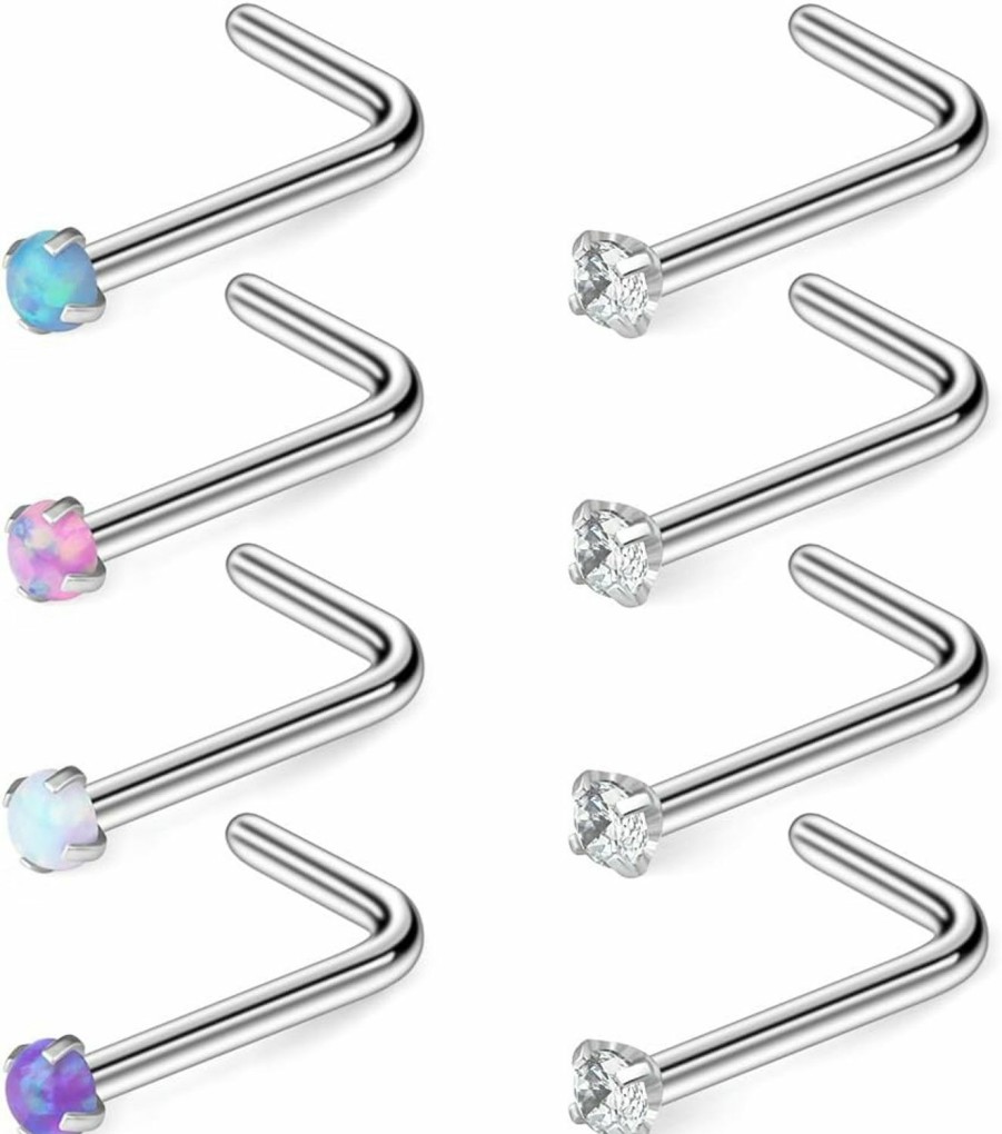 Best Ruifan Ruifan 18G 316L Surgical Steel 1.5Mm 2Mm 2.5Mm 3Mm Opal & Clear Cz Nose L-Shaped Rings Studs Ring Body Piercing Jewelry 8Pcs