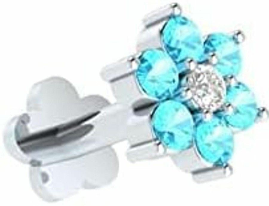 Clearance Generic Natural Diamond Blue Topaz Sterling Silver Nose Stud Flower In 16 Gauge And 8Mm Length/Diamond Nose Stud For Womens/Diamond Color- J-K Diamond Clarity- I1-I2 Diamond Weight 0.02 Ct