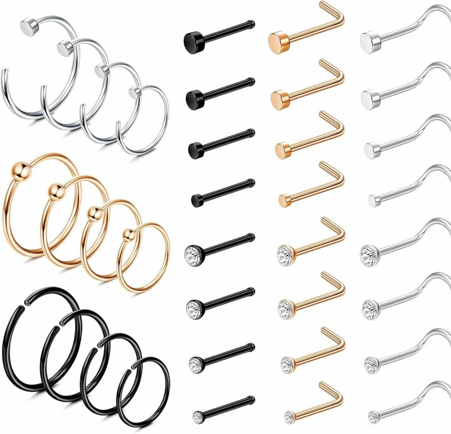 Wholesale ZELORES Zelores 36-40Pcs 20G Nose Ring For Women Men Surgical Stainless Steel L Bone Shaped Nose Rings Studs Nose Rings Hoops Set Nose Piercing Jewelry