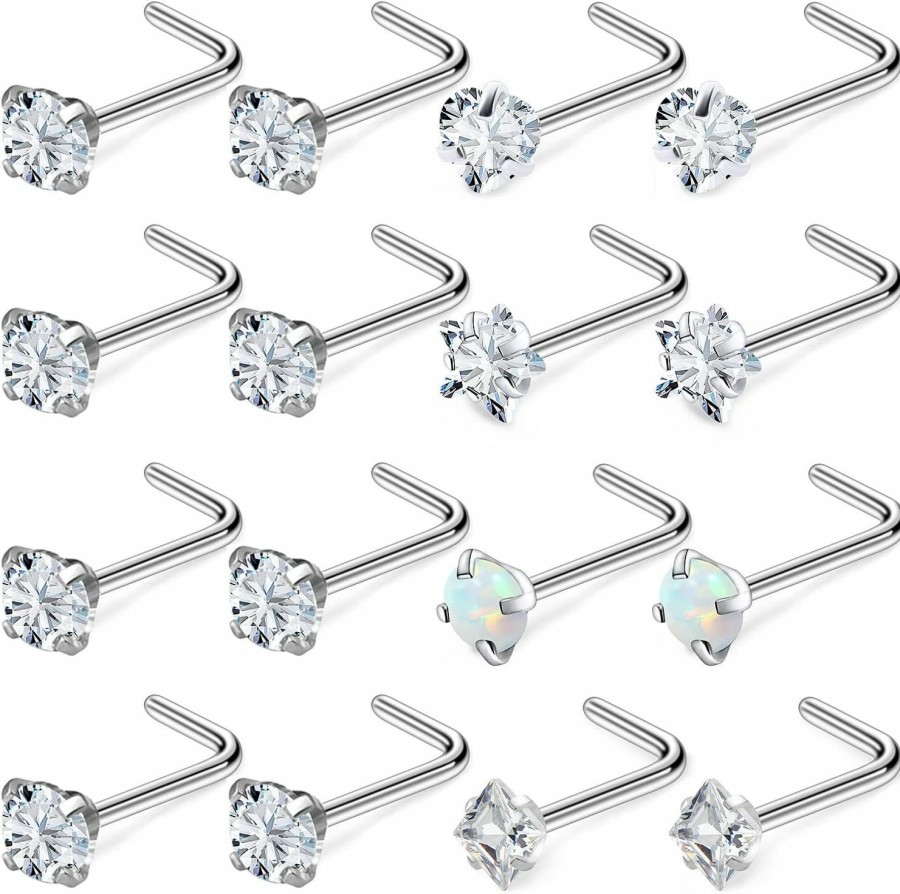 Hot Kridzisw Kridzisw 18G 20G Nose Rings Jewelry Cubic Zirconia 3Mm Stainless Steel Straight Screw L Shaped Nose Rings Piercing Jewelryfor Women Men 16Pcs