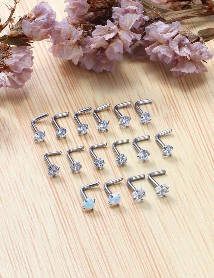 Hot Kridzisw Kridzisw 18G 20G Nose Rings Jewelry Cubic Zirconia 3Mm Stainless Steel Straight Screw L Shaped Nose Rings Piercing Jewelryfor Women Men 16Pcs