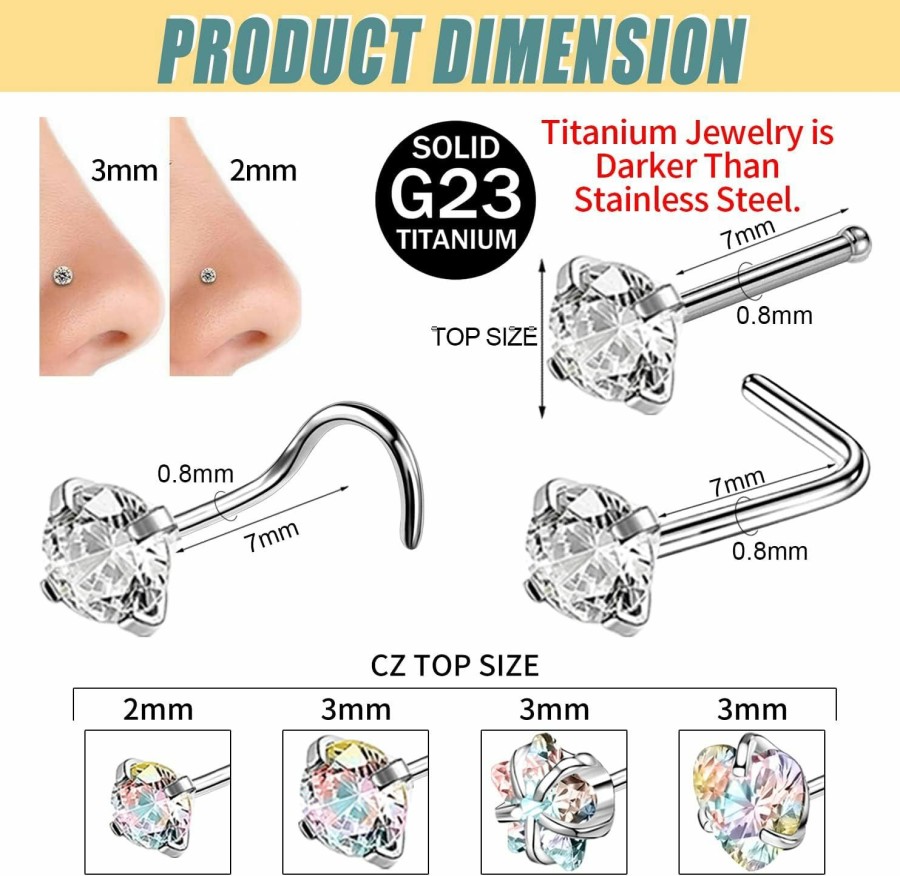 Best BodyAce Bodyace Grade 23 Titanium Nose Rings Studs, 20G Cute Nose Stud Rings For Women, Tiny Nose Piercing Jewelry Nose Bone/Screws/L Shaped [J:6Pcs Nose Studs(Round 2Mm)]