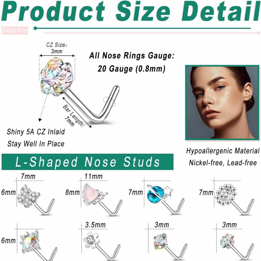 New BodyAce Bodyace Nose Rings L Shaped Nose Studs For Women, Cute Butterfly Nose Ring Studs Snowflake Nose Piercings Jewelry, 20G Stainless Steel Nostril Studs