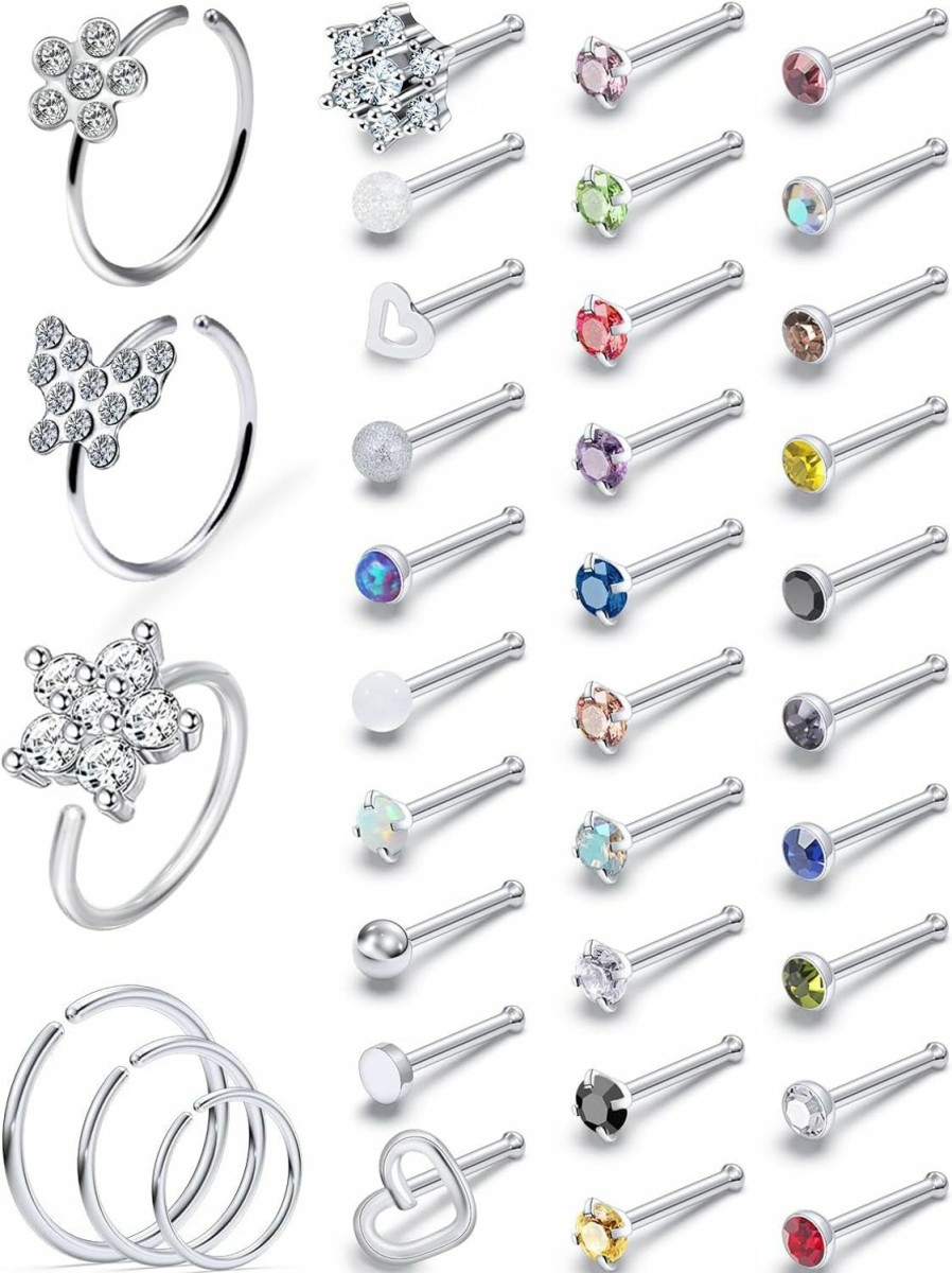 Best Prjndjw Prjndjw 20G Nose Rings Studs Surgical Steel Nose Studs Glow Dark Heart Opal Cz Flower Nose Piercing Jewelry Nose Rings For Women Straight Bend L Shaped Nose Rings 38Pcs 6.5Mm Nose Piercing Kit