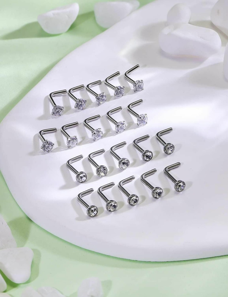 Online Uzgtvy Uzgtvy 18G Nose Rings Studs Cubic Zirconia Surgical Steel L Shaped Nose Nostril Piercing Jewelry For Women Men Girl Cz 1.5Mm 2Mm 2.5Mm 3Mm 20Pcs